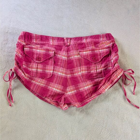 Y2K Guess Plaid Micro Shorts Women's 32 M Pink Ruched Drawstring Bow Vintage - Picture 3 of 9